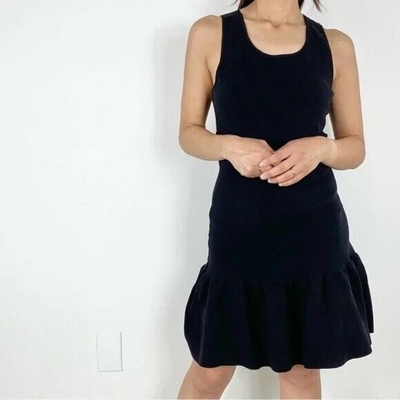 Sandro Scoop Neck Ribbed Mini Dress in Navy Blue Stretch Cotton Sz 1 FR/ S US - Picture 1 of 12